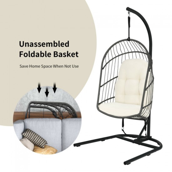Honhorrs Hanging Wicker Egg Chair, Foldable Basket with Cushion, Steel Stand and Securing Strap