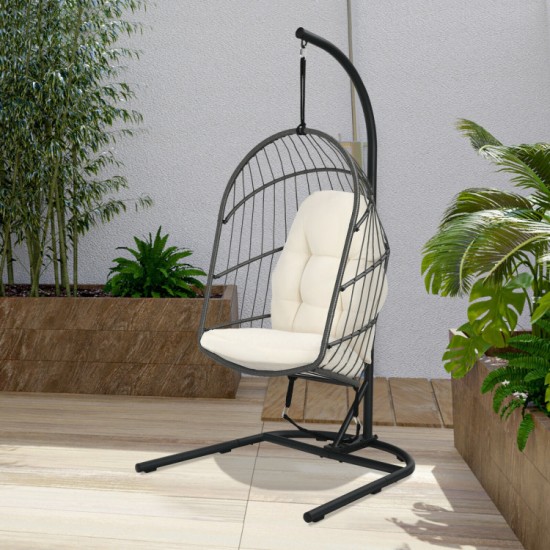 Honhorrs Hanging Wicker Egg Chair, Foldable Basket with Cushion, Steel Stand and Securing Strap