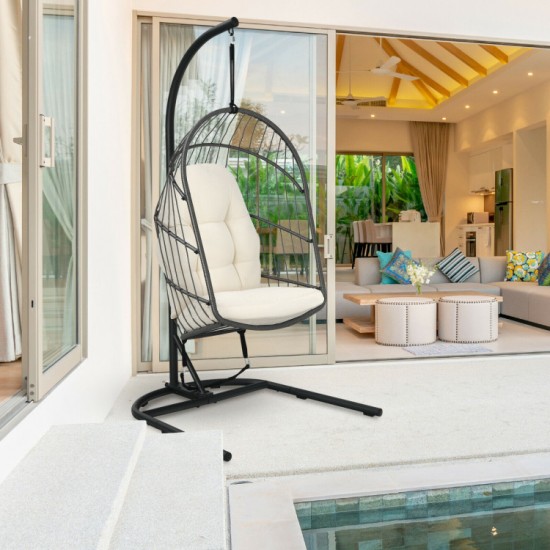Honhorrs Hanging Wicker Egg Chair, Foldable Basket with Cushion, Steel Stand and Securing Strap