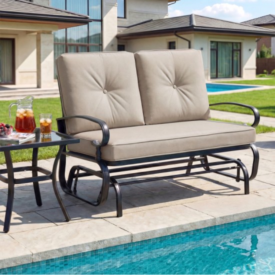 Honhorrs Two-Seat Patio Glider Bench, Olefin Cushions with Ties and a Curved Steel Seating Frame