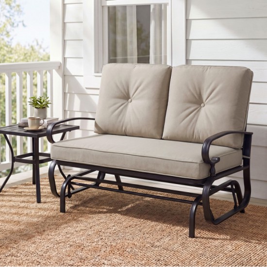 Honhorrs Two-Seat Patio Glider Bench, Olefin Cushions with Ties and a Curved Steel Seating Frame