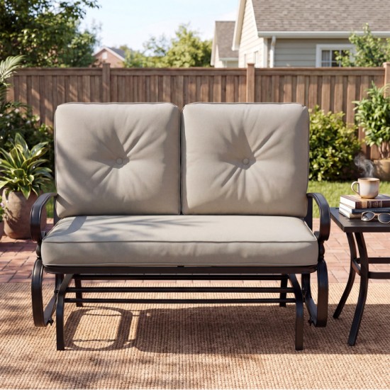 Honhorrs Two-Seat Patio Glider Bench, Olefin Cushions with Ties and a Curved Steel Seating Frame