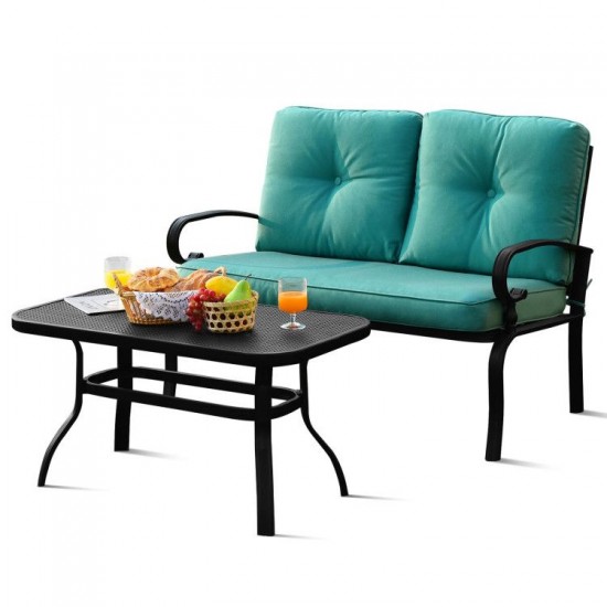 Honhorrs Two-Piece Patio Loveseat and Coffee Table, Padded Bench with a Honeycomb-Pattern Tabletop
