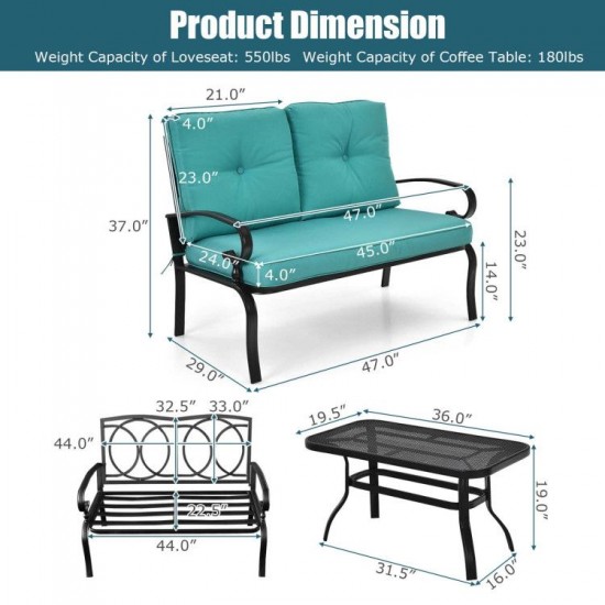 Honhorrs Two-Piece Patio Loveseat and Coffee Table, Padded Bench with a Honeycomb-Pattern Tabletop