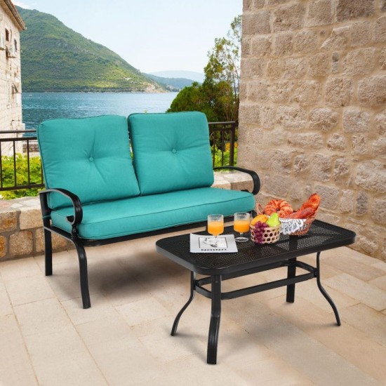 Honhorrs Two-Piece Patio Loveseat and Coffee Table, Padded Bench with a Honeycomb-Pattern Tabletop