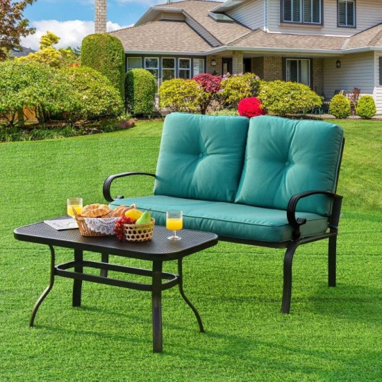 Honhorrs Two-Piece Patio Loveseat and Coffee Table, Padded Bench with a Honeycomb-Pattern Tabletop