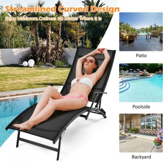 Honhorrs Two Folding Patio Chaise Loungers, Five Backrest Settings with Arms and Stackable Frames