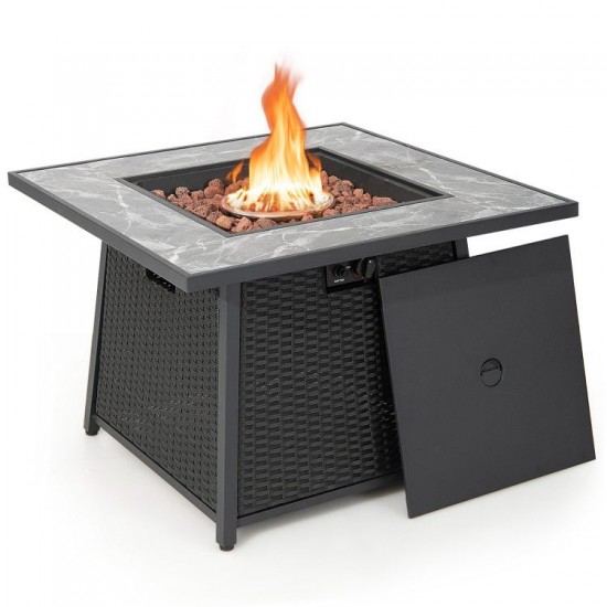 Honhorrs 35-Inch Propane Fire Table, Wicker-Look Exterior with Burner Lid, Lava Rocks and PVC Cover