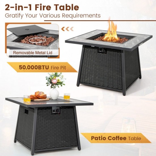 Honhorrs 35-Inch Propane Fire Table, Wicker-Look Exterior with Burner Lid, Lava Rocks and PVC Cover