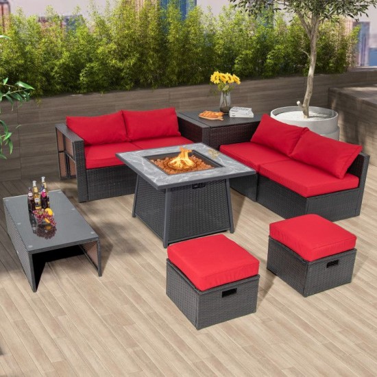 Honhorrs 35-Inch Propane Fire Table, Wicker-Look Exterior with Burner Lid, Lava Rocks and PVC Cover