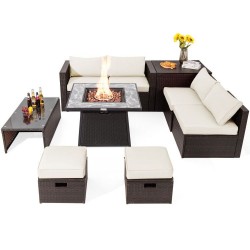 XVX Nine-Piece Wicker Patio Set, 50,000-BTU Fire Table with Cushion Storage and Two Ottomans