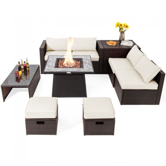 Honhorrs Nine-Piece Wicker Patio Set, 50,000-BTU Fire Table with Cushion Storage and Two Ottomans