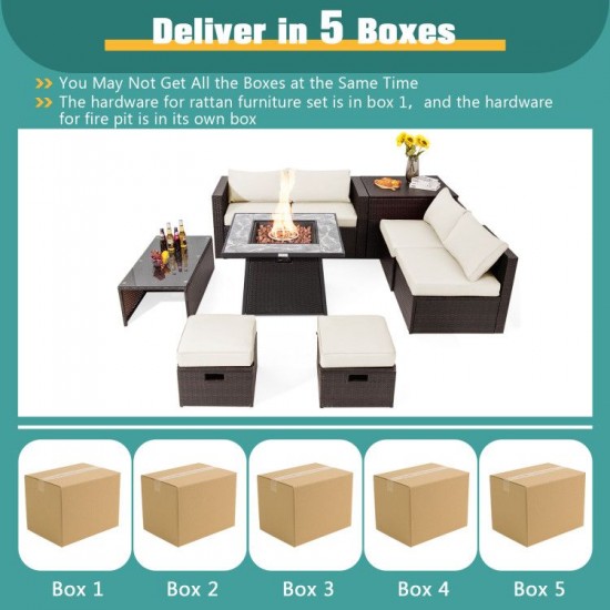 Honhorrs Nine-Piece Wicker Patio Set, 50,000-BTU Fire Table with Cushion Storage and Two Ottomans