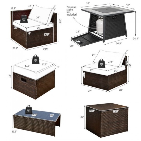 Honhorrs Nine-Piece Wicker Patio Set, 50,000-BTU Fire Table with Cushion Storage and Two Ottomans