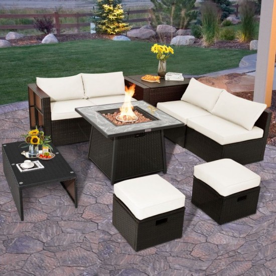 Honhorrs Nine-Piece Wicker Patio Set, 50,000-BTU Fire Table with Cushion Storage and Two Ottomans