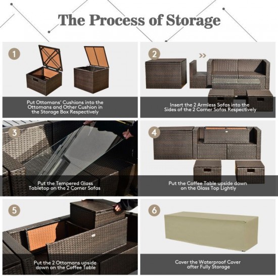 Honhorrs Nine-Piece Wicker Patio Set, 50,000-BTU Fire Table with Cushion Storage and Two Ottomans