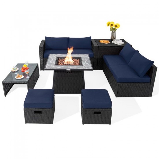 Honhorrs Nine-Piece Wicker Patio Group, 35-Inch Gas Fire Table with Storage Ottomans and Cushions