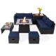 Honhorrs Nine-Piece Wicker Patio Group, 35-Inch Gas Fire Table with Storage Ottomans and Cushions