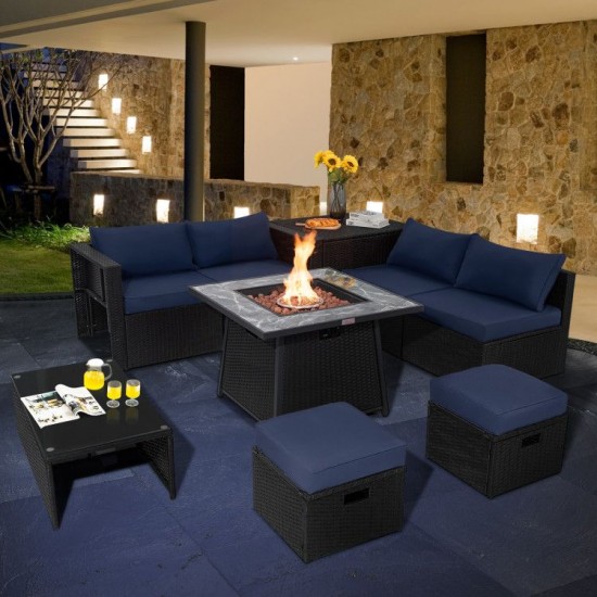 Honhorrs Nine-Piece Wicker Patio Group, 35-Inch Gas Fire Table with Storage Ottomans and Cushions