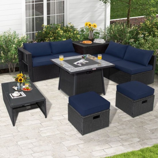 Honhorrs Nine-Piece Wicker Patio Group, 35-Inch Gas Fire Table with Storage Ottomans and Cushions