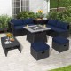 Honhorrs Nine-Piece Wicker Patio Group, 35-Inch Gas Fire Table with Storage Ottomans and Cushions