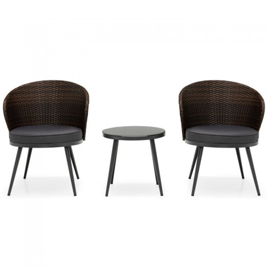 Honhorrs Three-Piece Patio Bistro Set, Curved-Back Cushioned Chairs and Tempered Glass Coffee Table