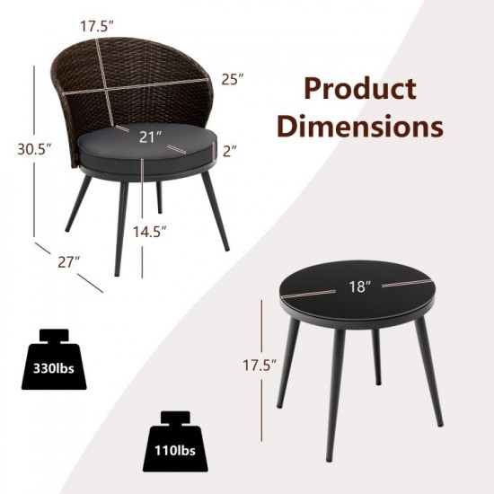 Honhorrs Three-Piece Patio Bistro Set, Curved-Back Cushioned Chairs and Tempered Glass Coffee Table