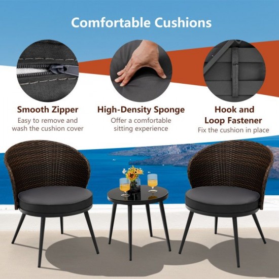Honhorrs Three-Piece Patio Bistro Set, Curved-Back Cushioned Chairs and Tempered Glass Coffee Table