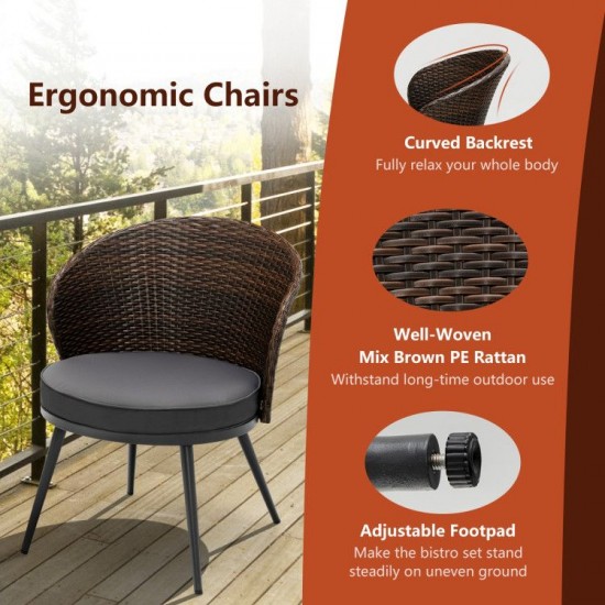 Honhorrs Three-Piece Patio Bistro Set, Curved-Back Cushioned Chairs and Tempered Glass Coffee Table