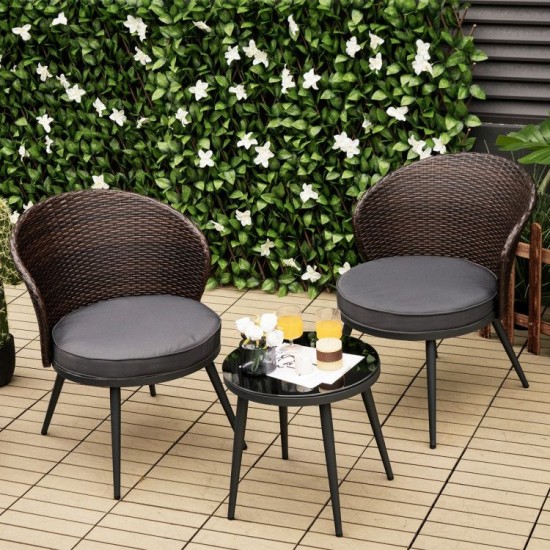 Honhorrs Three-Piece Patio Bistro Set, Curved-Back Cushioned Chairs and Tempered Glass Coffee Table