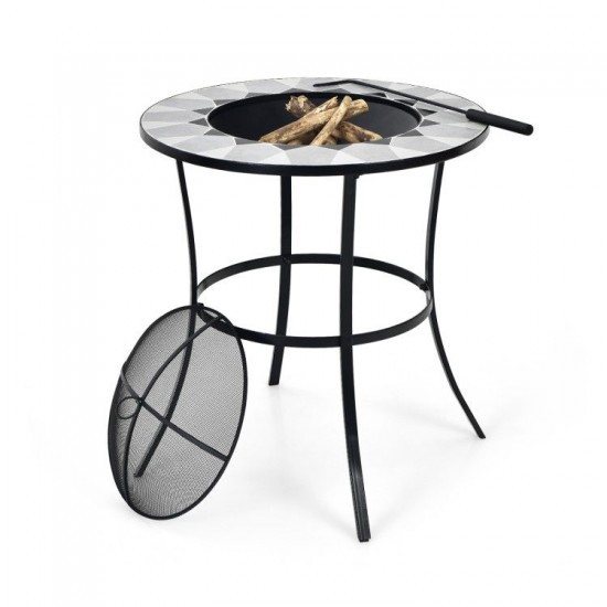 Honhorrs 23.5-Inch Round Wood-Burning Fire Pit Table, Steel Bowl with Mesh Screen and Tending Poker