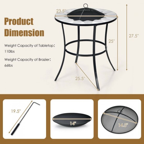 Honhorrs 23.5-Inch Round Wood-Burning Fire Pit Table, Steel Bowl with Mesh Screen and Tending Poker