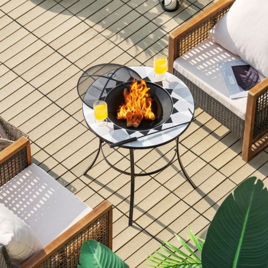Honhorrs 23.5-Inch Round Wood-Burning Fire Pit Table, Steel Bowl with Mesh Screen and Tending Poker