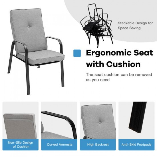 Owlyin Four Stackable Patio Dining Chairs, Tall Cushions and Curved Arms on Reinforced Steel Frames