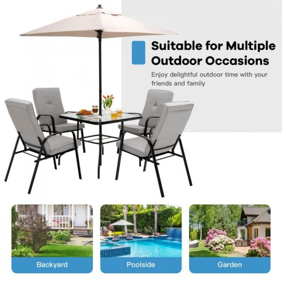 Owlyin Four Stackable Patio Dining Chairs, Tall Cushions and Curved Arms on Reinforced Steel Frames