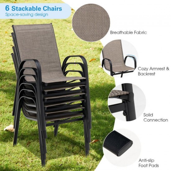 Honhorrs Six Stackable Patio Dining Chairs, Fabric Seats with Curved Armrests and Steel Frame Legs