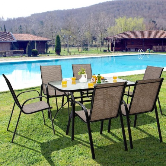 Honhorrs Six Stackable Patio Dining Chairs, Fabric Seats with Curved Armrests and Steel Frame Legs