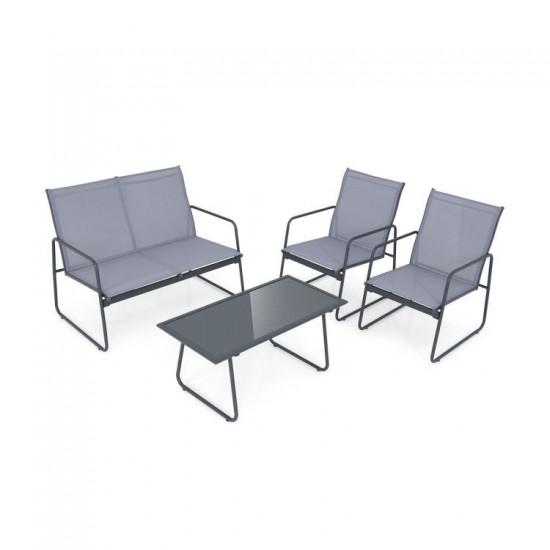 Honhorrs Four-Piece Metal Patio Chat Set, Fabric Loveseat and Two Chairs with Tempered-Glass Table