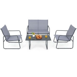 XVX Four-Piece Metal Patio Chat Set, Fabric Loveseat and Two Chairs with Tempered-Glass Table
