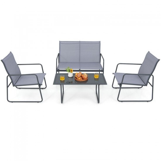 Honhorrs Four-Piece Metal Patio Chat Set, Fabric Loveseat and Two Chairs with Tempered-Glass Table
