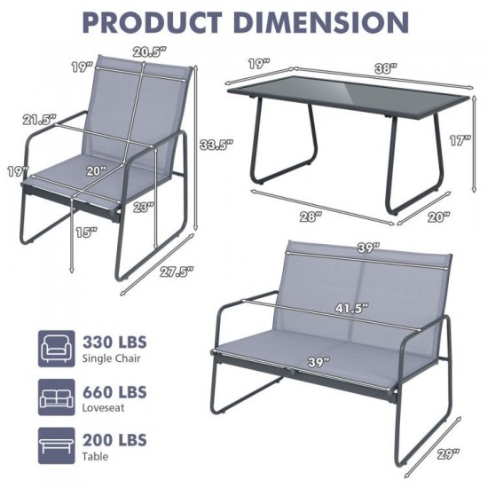 Honhorrs Four-Piece Metal Patio Chat Set, Fabric Loveseat and Two Chairs with Tempered-Glass Table