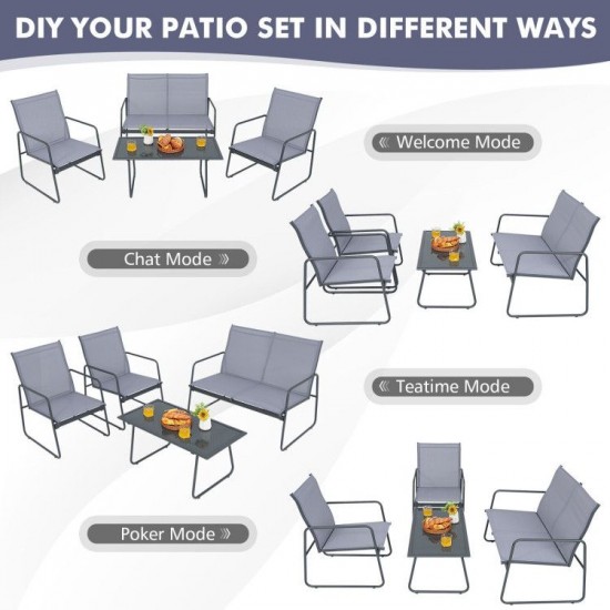 Honhorrs Four-Piece Metal Patio Chat Set, Fabric Loveseat and Two Chairs with Tempered-Glass Table