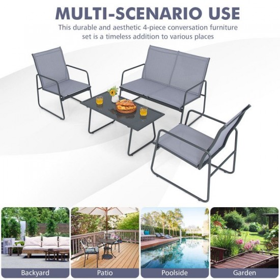 Honhorrs Four-Piece Metal Patio Chat Set, Fabric Loveseat and Two Chairs with Tempered-Glass Table