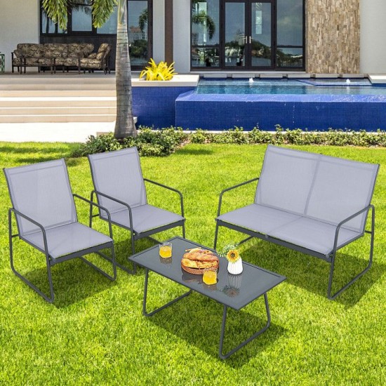 Honhorrs Four-Piece Metal Patio Chat Set, Fabric Loveseat and Two Chairs with Tempered-Glass Table