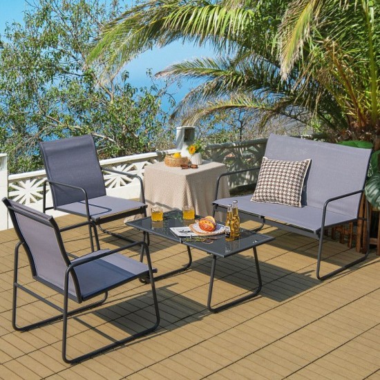 Honhorrs Four-Piece Metal Patio Chat Set, Fabric Loveseat and Two Chairs with Tempered-Glass Table