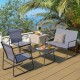 Honhorrs Four-Piece Metal Patio Chat Set, Fabric Loveseat and Two Chairs with Tempered-Glass Table