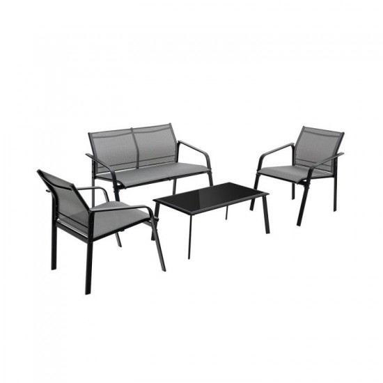 Honhorrs Four-Piece Fabric Patio Chat Set, Loveseat and Armchairs with Steel Frames and Glass Table