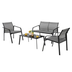XVX Four-Piece Fabric Patio Chat Set, Loveseat and Armchairs with Steel Frames and Glass Table