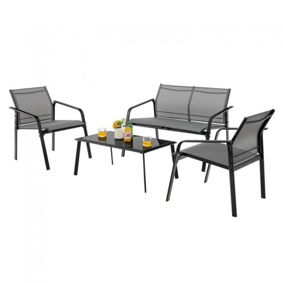 Honhorrs Four-Piece Fabric Patio Chat Set, Loveseat and Armchairs with Steel Frames and Glass Table