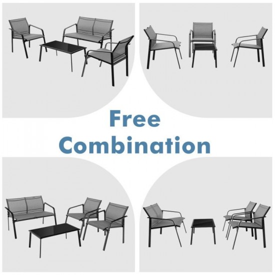 Honhorrs Four-Piece Fabric Patio Chat Set, Loveseat and Armchairs with Steel Frames and Glass Table